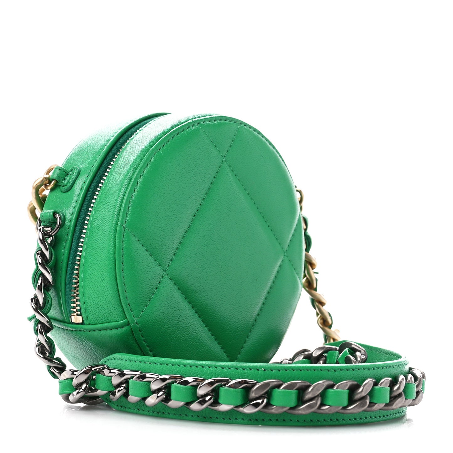 Goatskin Quilted Chanel 19 Round Clutch With Chain Green
