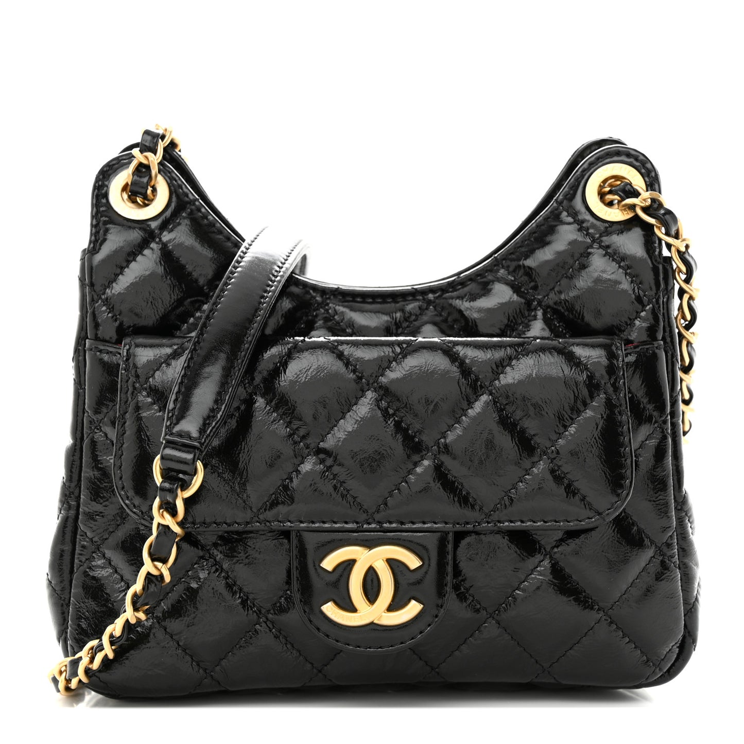 Shiny Crumpled Calfskin Quilted Small Wavy CC Hobo Black