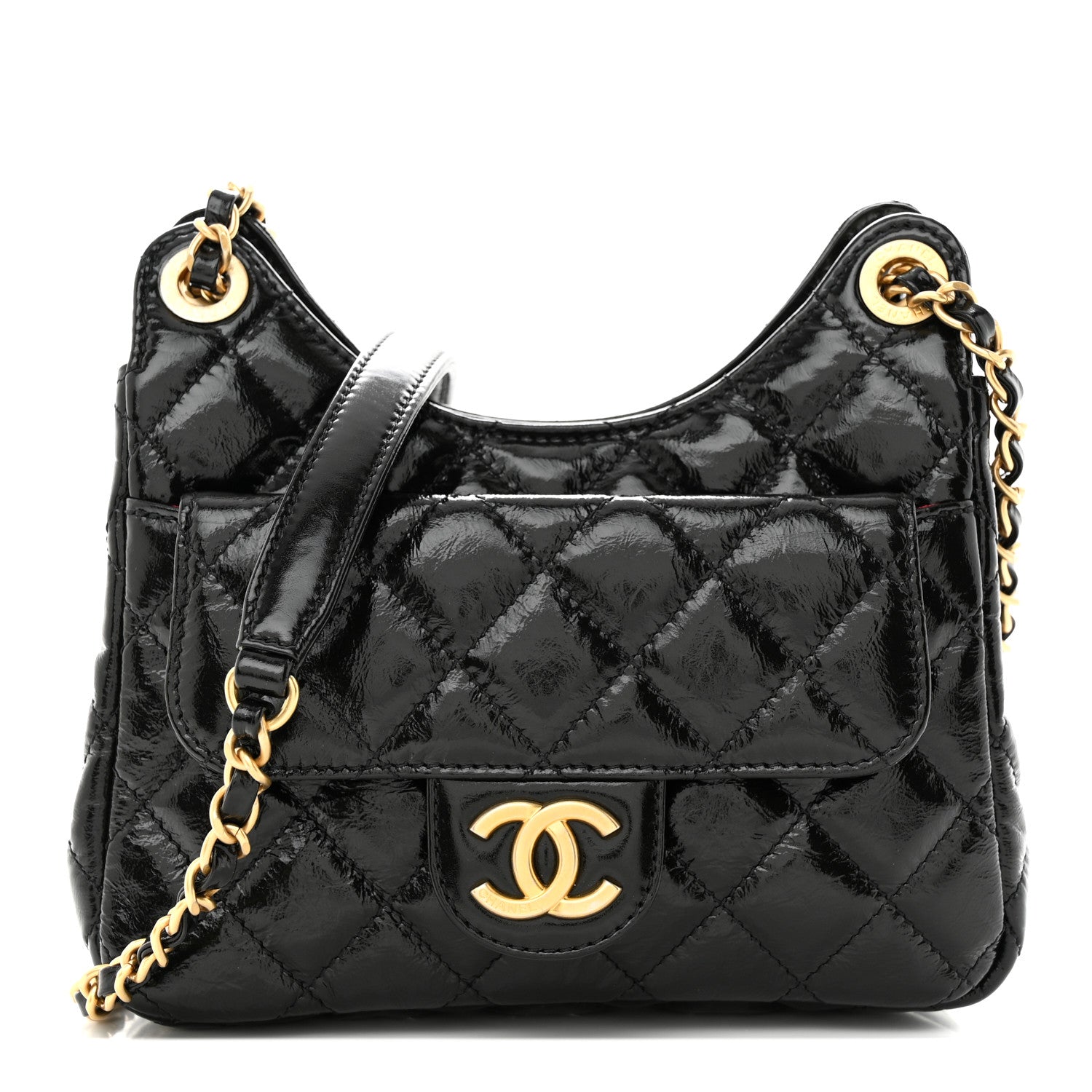 Chanel Shiny Crumpled Calfskin Quilted Small Wavy CC Hobo Black 1 of 11