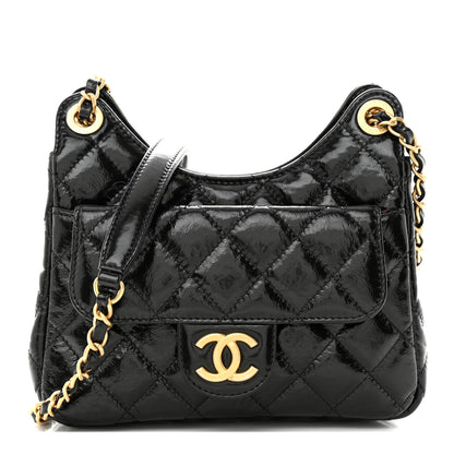 Chanel Shiny Crumpled Calfskin Quilted Small Wavy CC Hobo Black 1 of 11