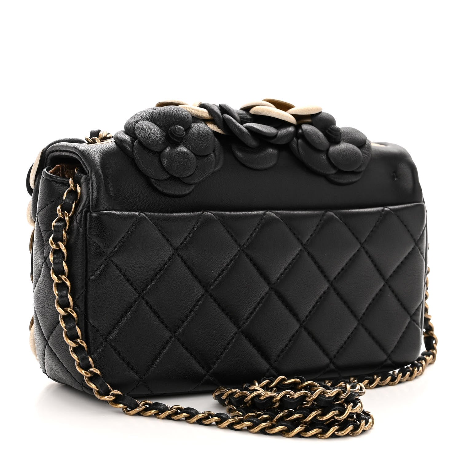 Chanel Metallic Lambskin Quilted Mini Camellia Flap Black Gold 3 of 10
