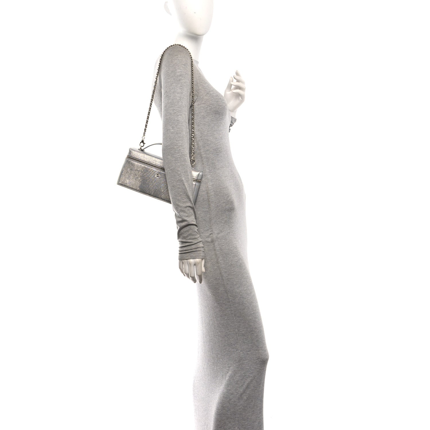 Chanel Lizard Embossed Top Handle Slim Vanity With Chain Silver 2 of 10