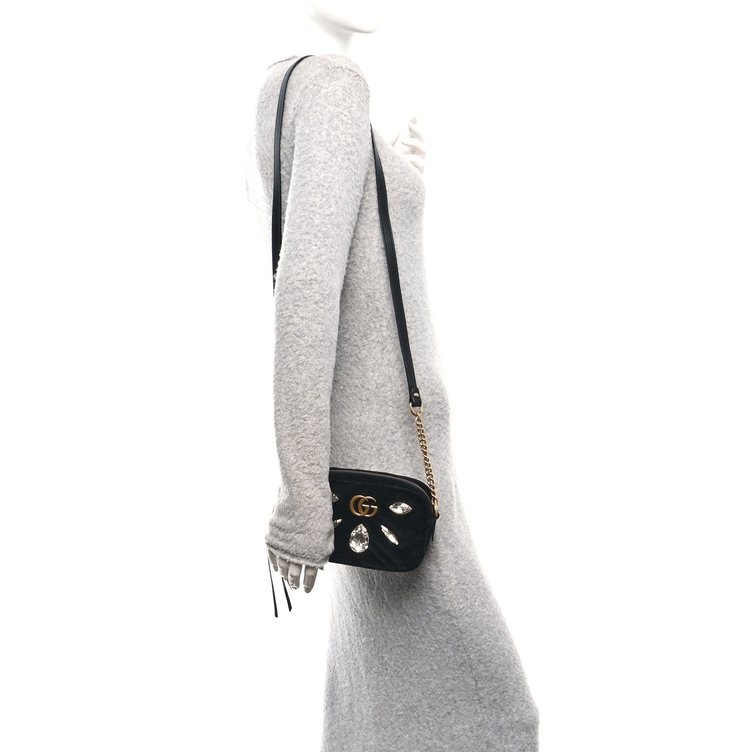 Gucci Velvet Matelasse Marquise Crystals Mini GG Marmont Chain Shoulder Bag Black 2 of 11
