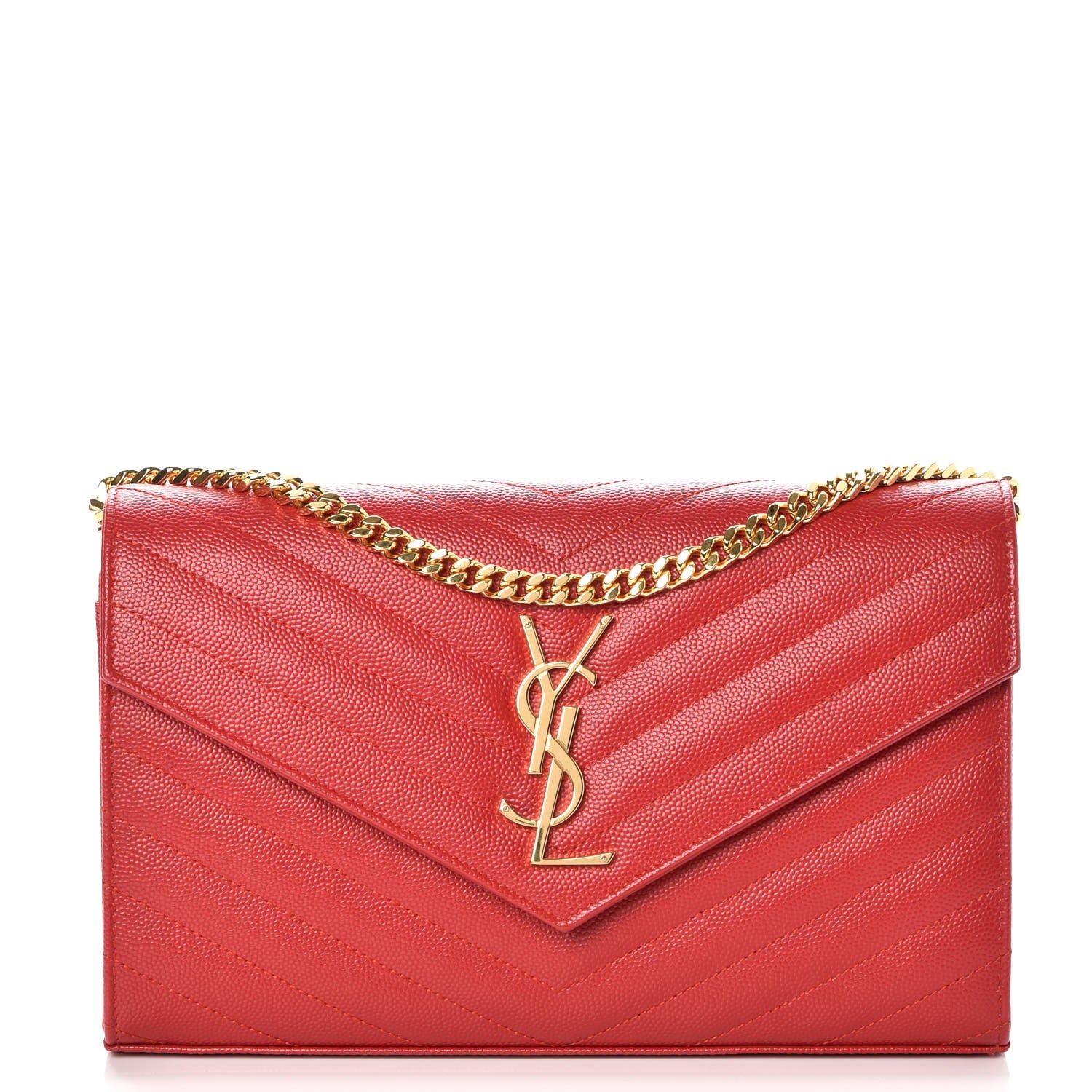 Saint Laurent Grain De Poudre Matelasse Chevron Monogram Chain Wallet New Red 1 of 8