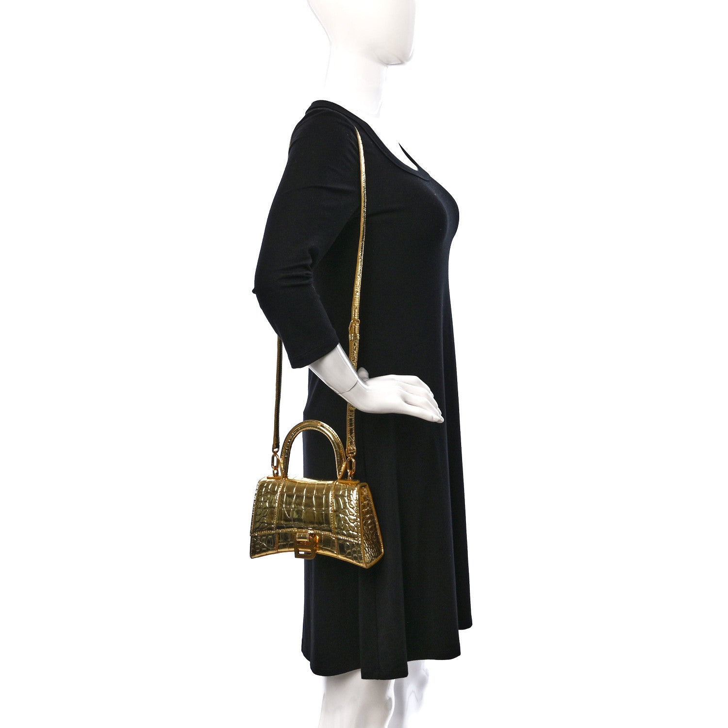 Balenciaga Metallic Calfskin Crocodile Embossed Hourglass Top Handle Bag XS Gold 2 of 16