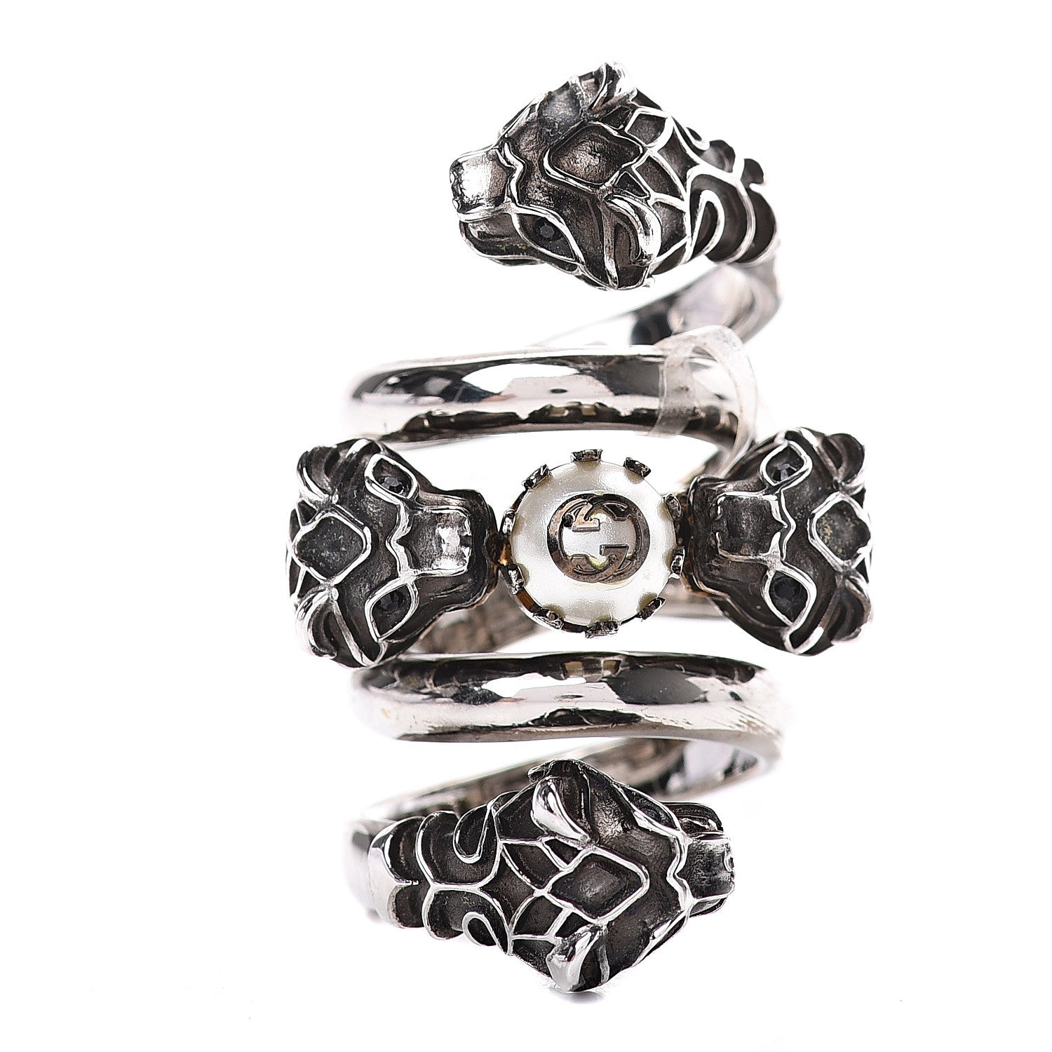Gucci Pearl Tiger Heads Double Wrap Ring 6.5 Silver 1 of 4