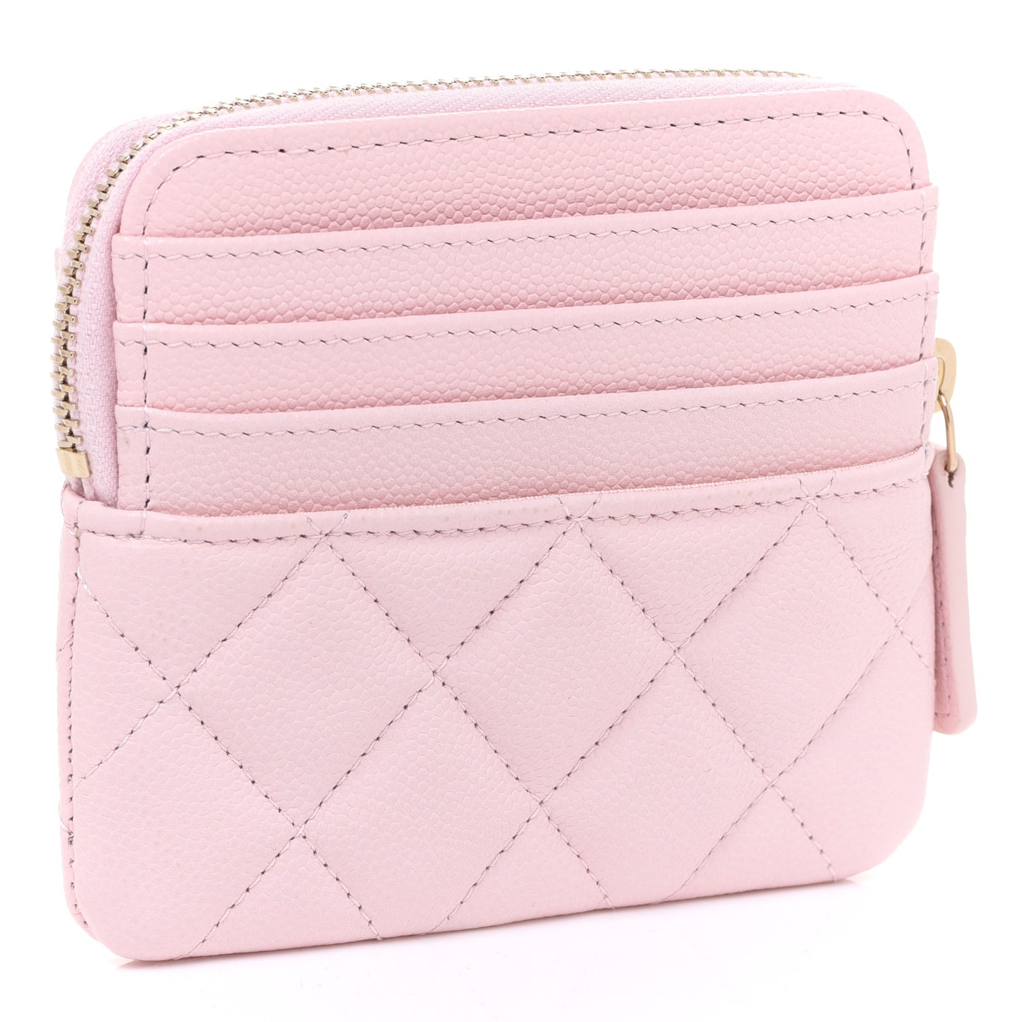 Caviar Quilted Crystal Zip Card Holder Wallet Light Pink