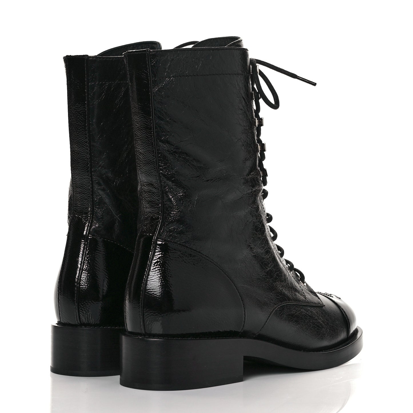 Crumpled Lambskin Shiny Calfskin Lace Up Combat Boots 39 Black