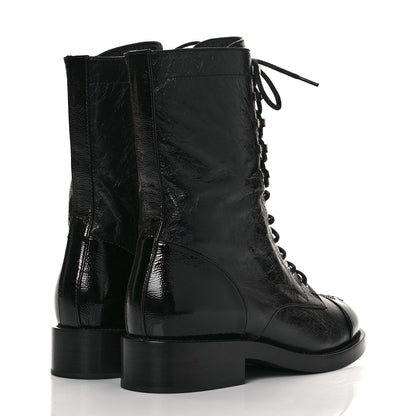Chanel Crumpled Lambskin Shiny Calfskin Lace Up Combat Boots 39 Black 4 of 7