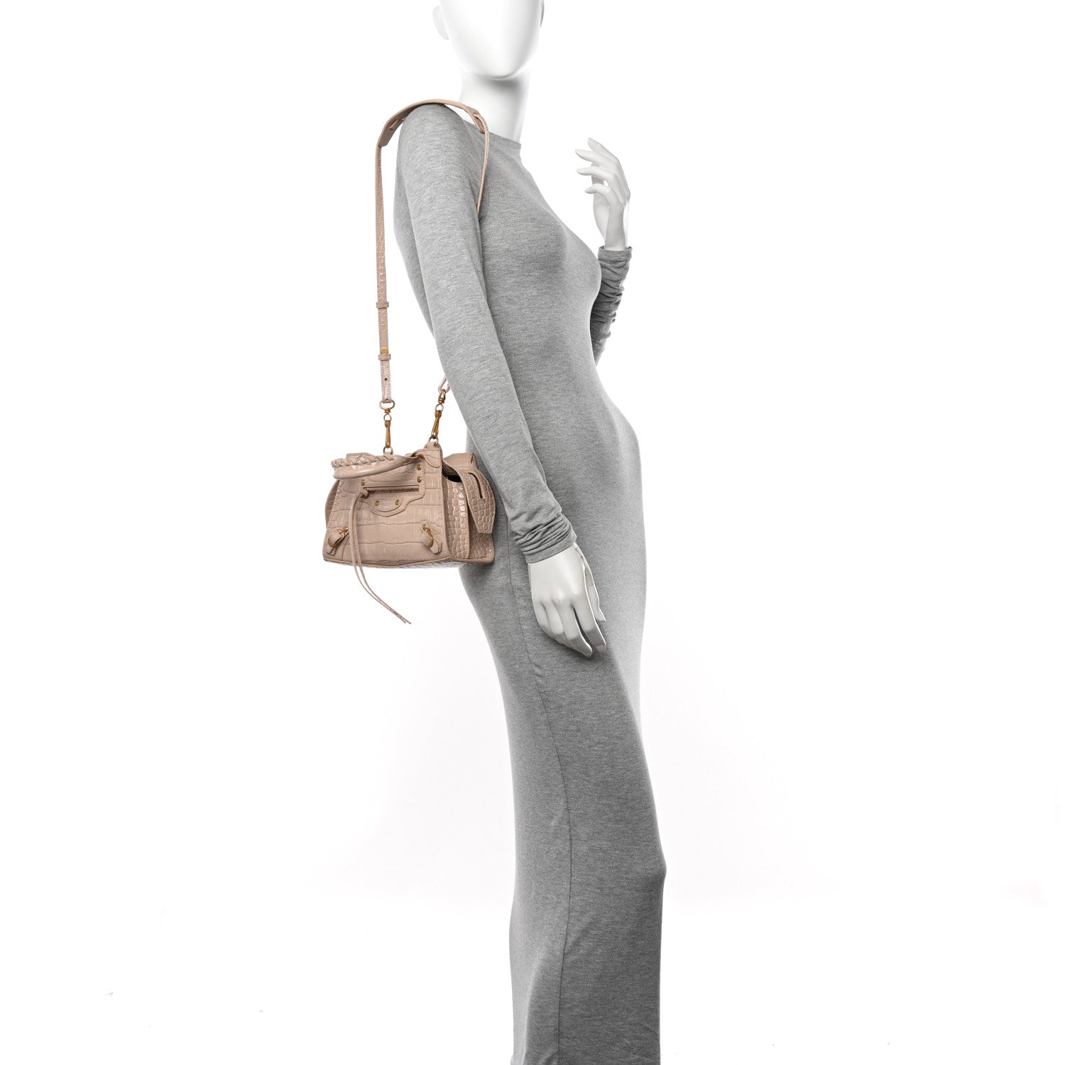 Balenciaga Shiny Supple Calfskin Crocodile Embossed Neo Classic Gold Hardware Mini City Light Beige 2 of 13