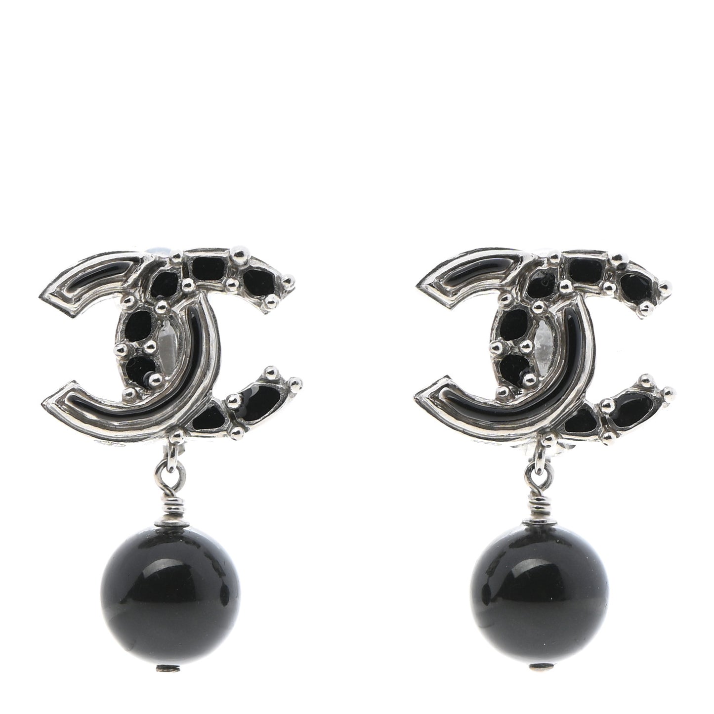 Enamel Bead CC Drop Clip On Earrings Black Silver