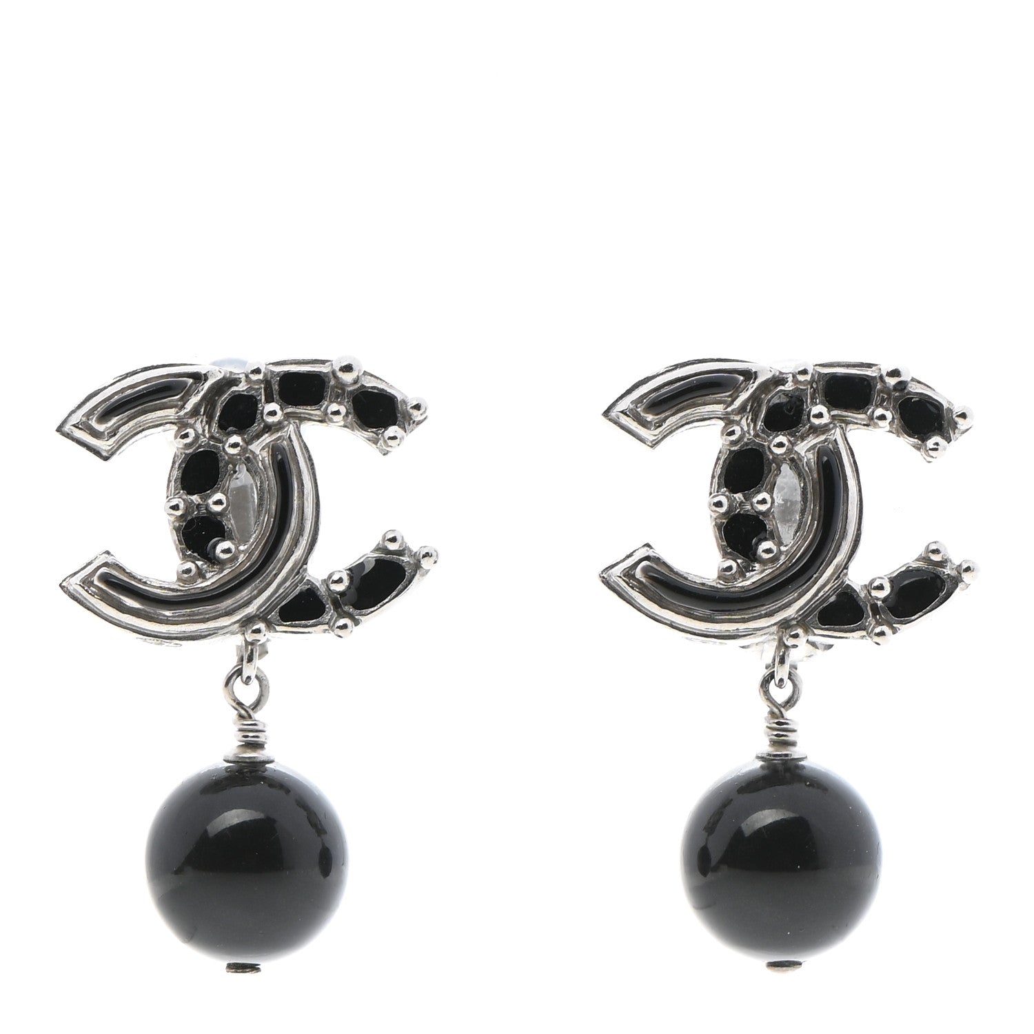 Chanel Enamel Bead CC Drop Clip On Earrings Black Silver 1 of 5