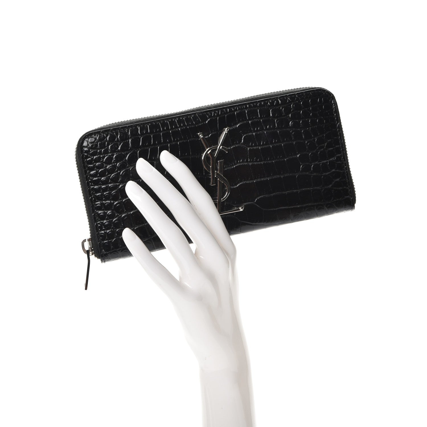 Saint Laurent Calfskin Crocodile Embossed Monogram Zip Around Wallet Black 2 of 8