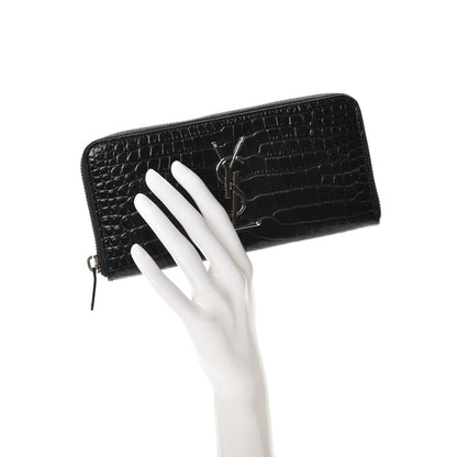 Saint Laurent Calfskin Crocodile Embossed Monogram Zip Around Wallet Black 2 of 8
