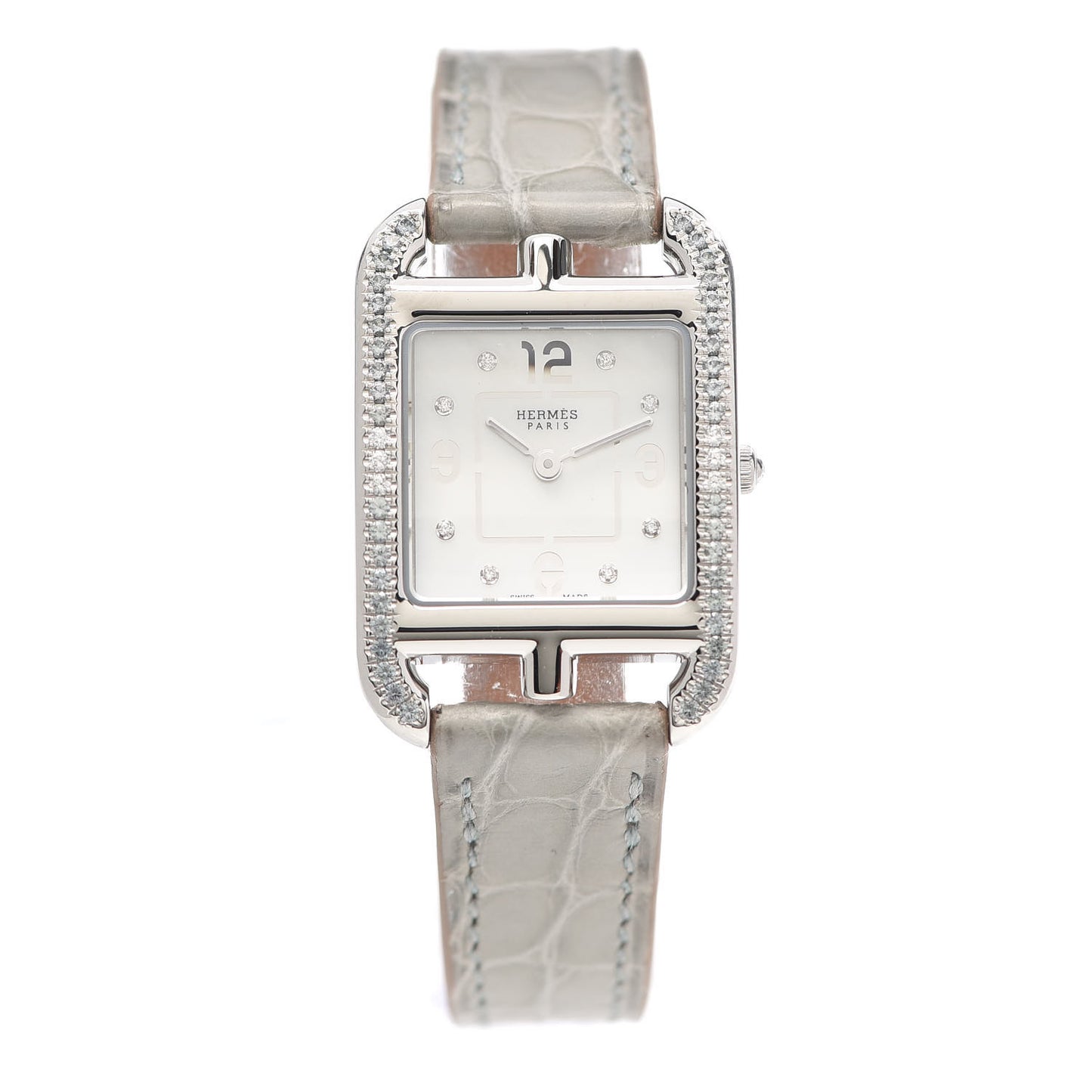 Stainless Steel Alligator Diamond Bezel Grey Sapphire Mother of Pearl 23mm Cape Cod Quartz Watch Gris Perle