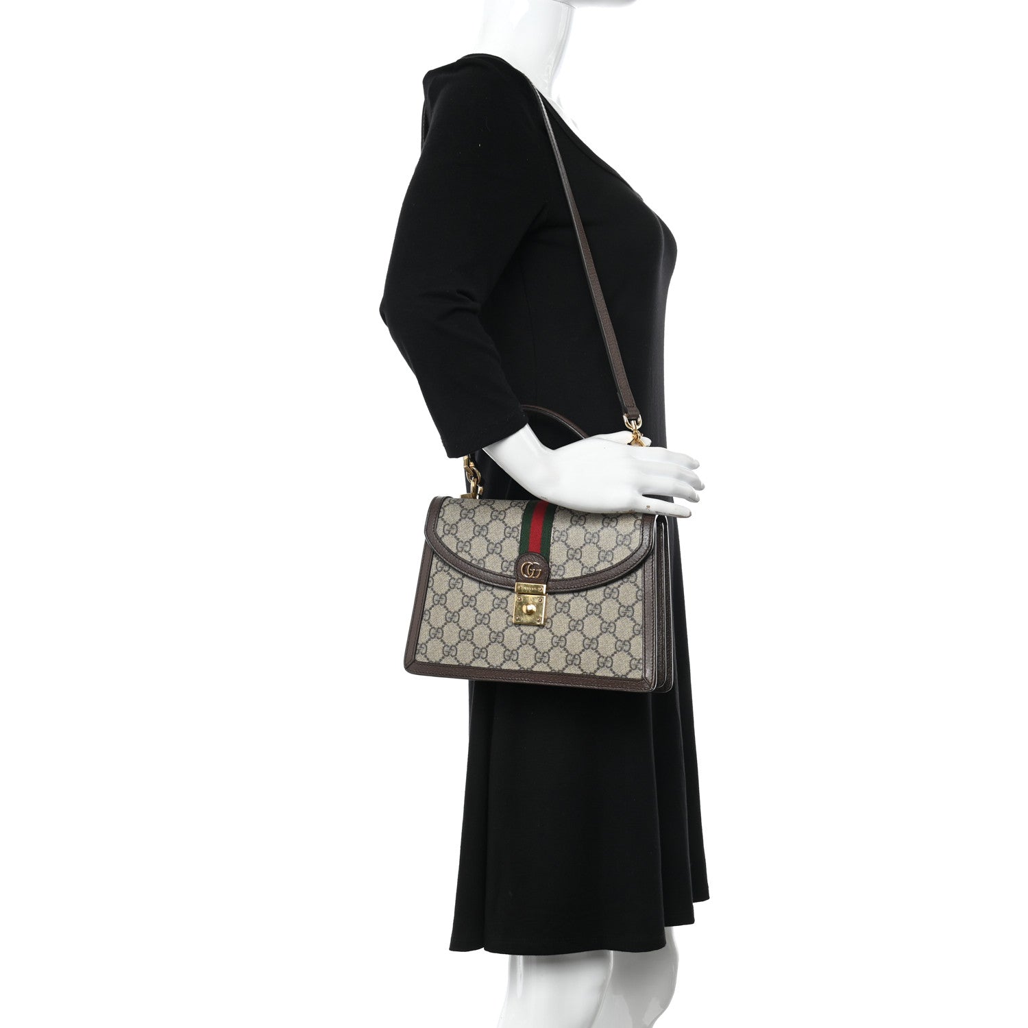 Gucci GG Supreme Monogram Textured Dollar Calfskin Web Small Ophidia Padlock Top Handle Bag Beige Ebony New Acero 2 of 11