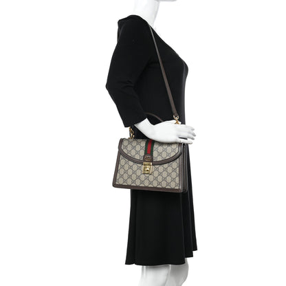 Gucci GG Supreme Monogram Textured Dollar Calfskin Web Small Ophidia Padlock Top Handle Bag Beige Ebony New Acero 2 of 11