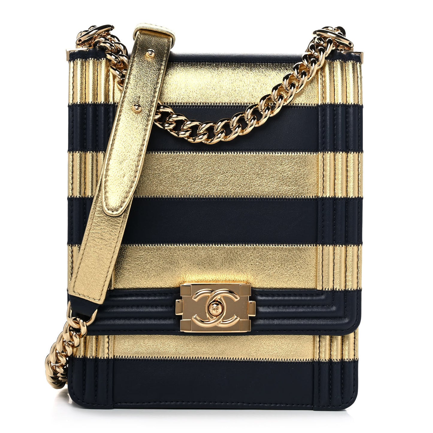 Metallic Lambskin Striped North South Boy Flap Navy Gold