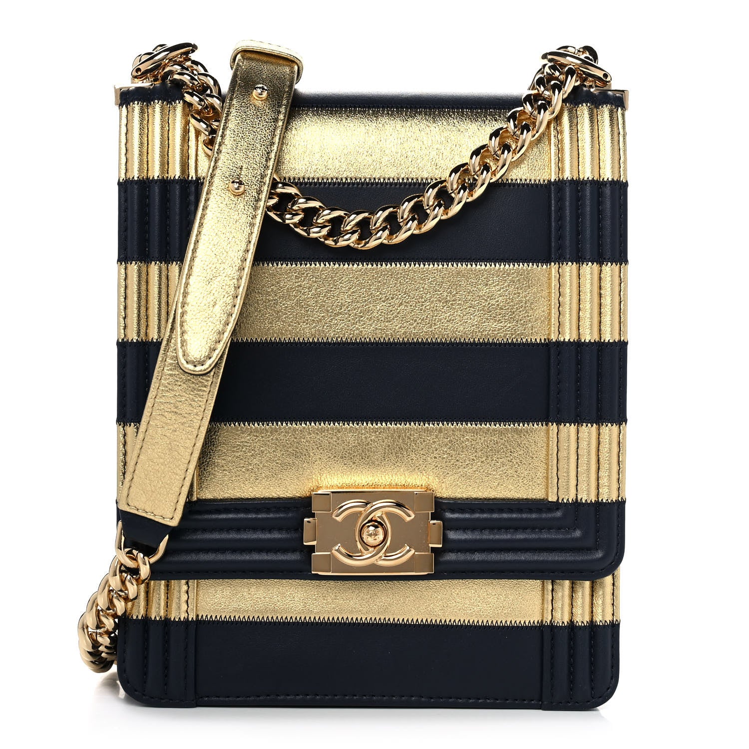 Chanel Metallic Lambskin Striped North South Boy Flap Navy Gold 1 of 11