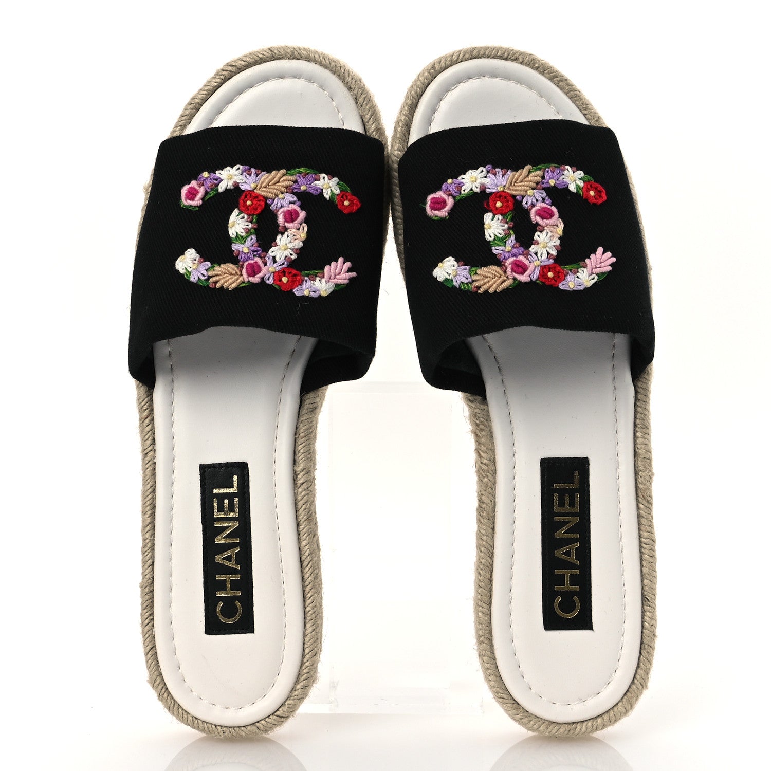 Chanel Cotton Floral CC Espadrille Slip On Sandals 40 Black 2 of 13