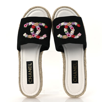 Chanel Cotton Floral CC Espadrille Slip On Sandals 40 Black 2 of 13