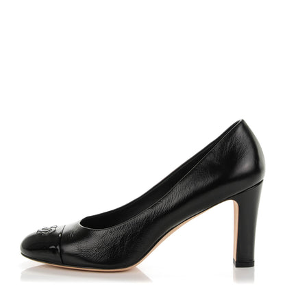 Chanel Crumpled Calfskin Patent Cap Toe CC Pumps 40 Black 1 of 8