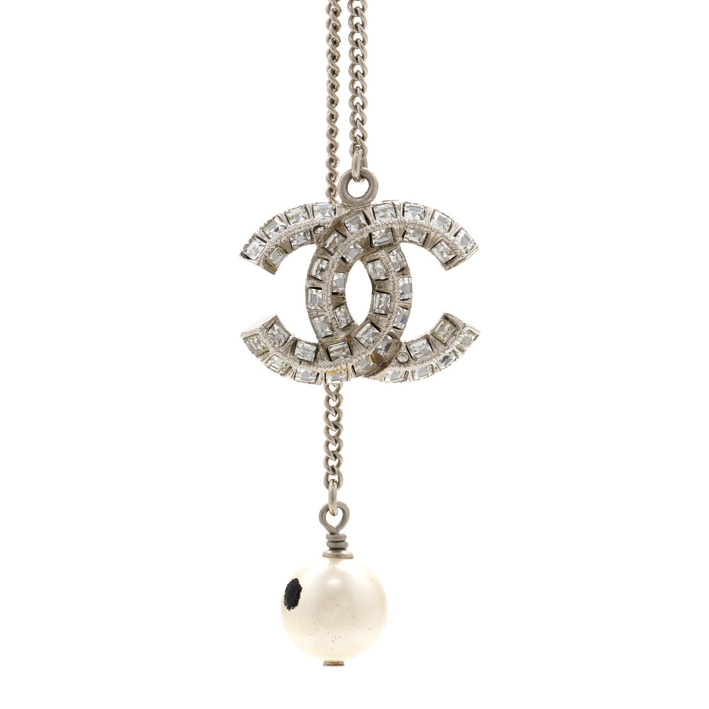 Baguette Crystal Pearl CC Lariat Necklace Silver