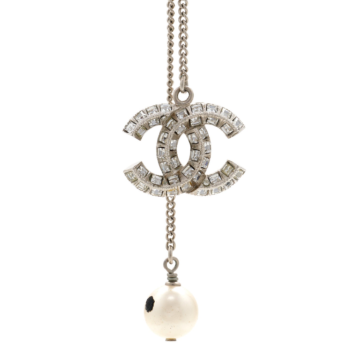 Chanel Baguette Crystal Pearl CC Lariat Necklace Silver 4 of 5