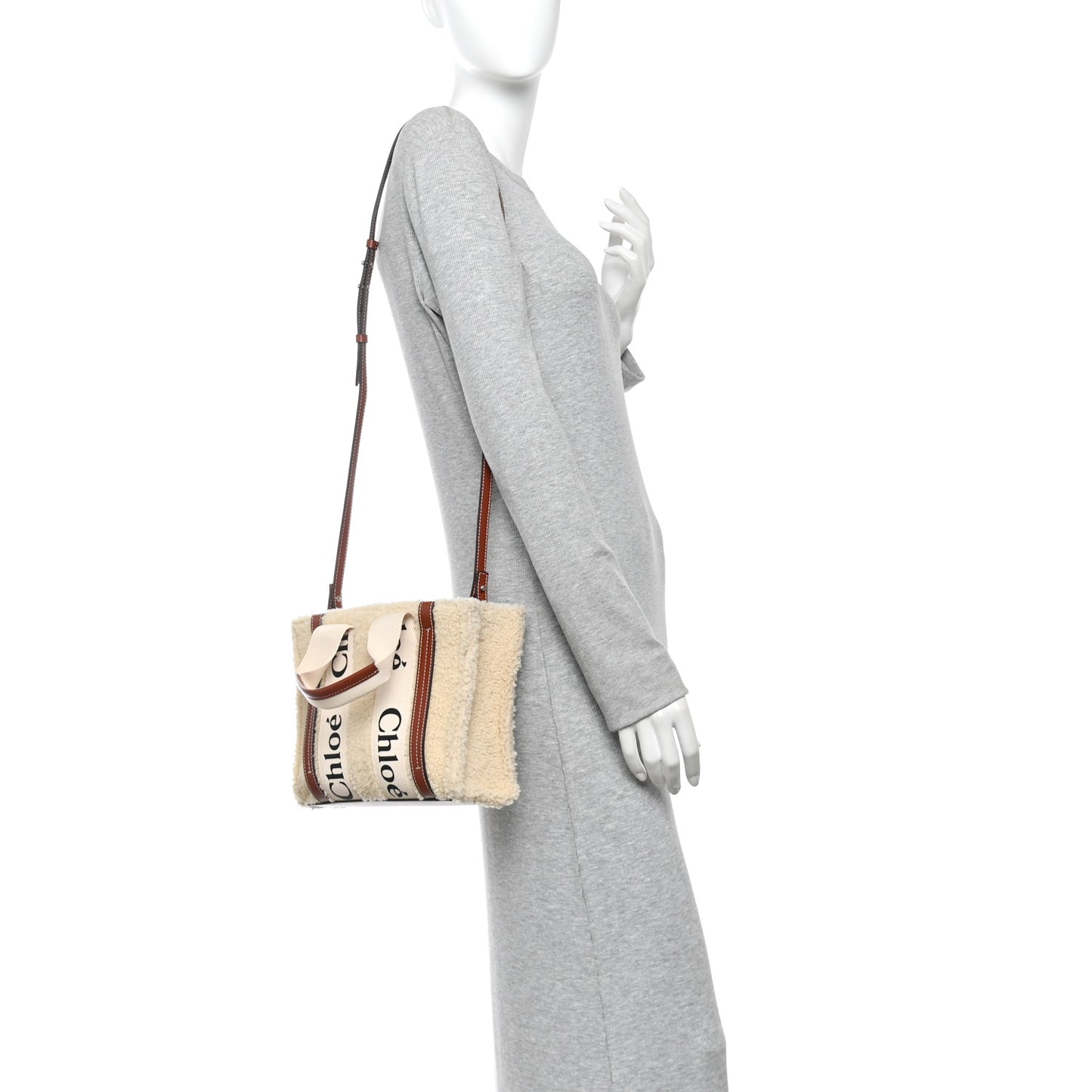 Shearling Calfskin Small Woody Ribbon Tote With Strap Mild Beige