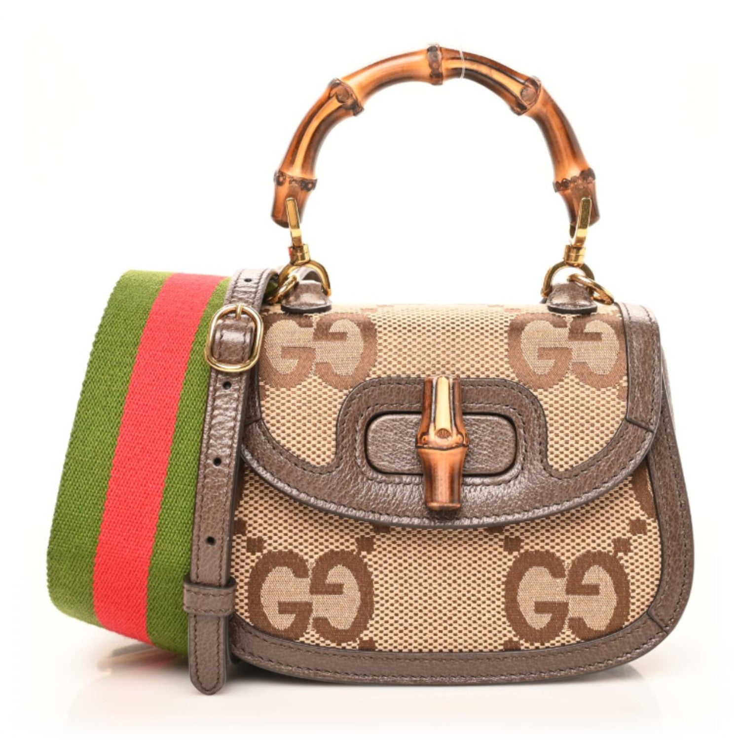 Gucci Monogram Jumbo GG Textured Dollar Calfskin Web Mini Bamboo 1947 Top Handle Bag Camel Ebony New Acero 1 of 9