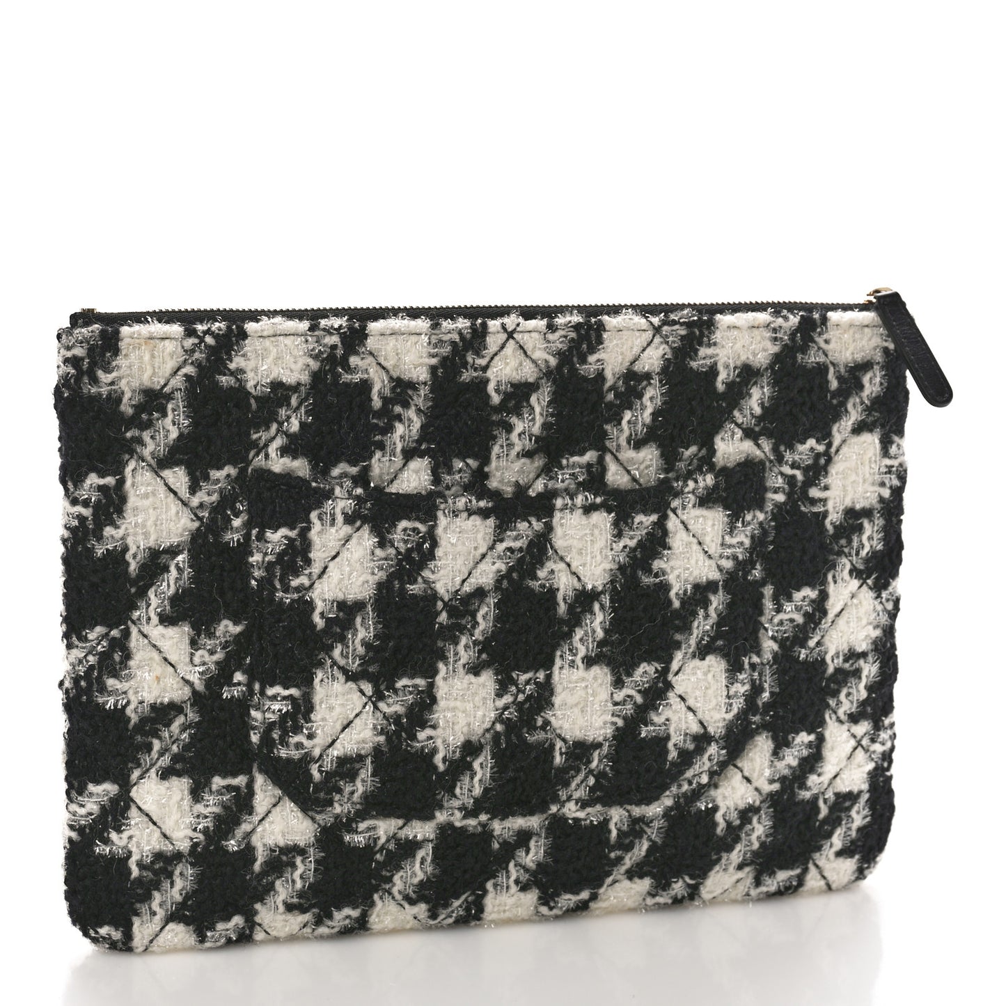 Tweed Shearling Quilted Chanel Cosmetic Pouch White Black