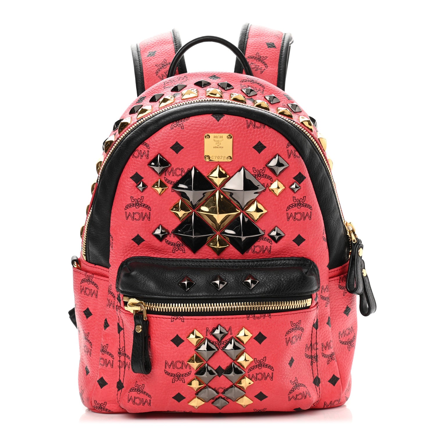 MCM Visetos Studded Colorblock Small Stark Brock Backpack Coral Black 1 of 12