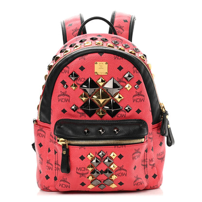 MCM Visetos Studded Colorblock Small Stark Brock Backpack Coral Black 1 of 12