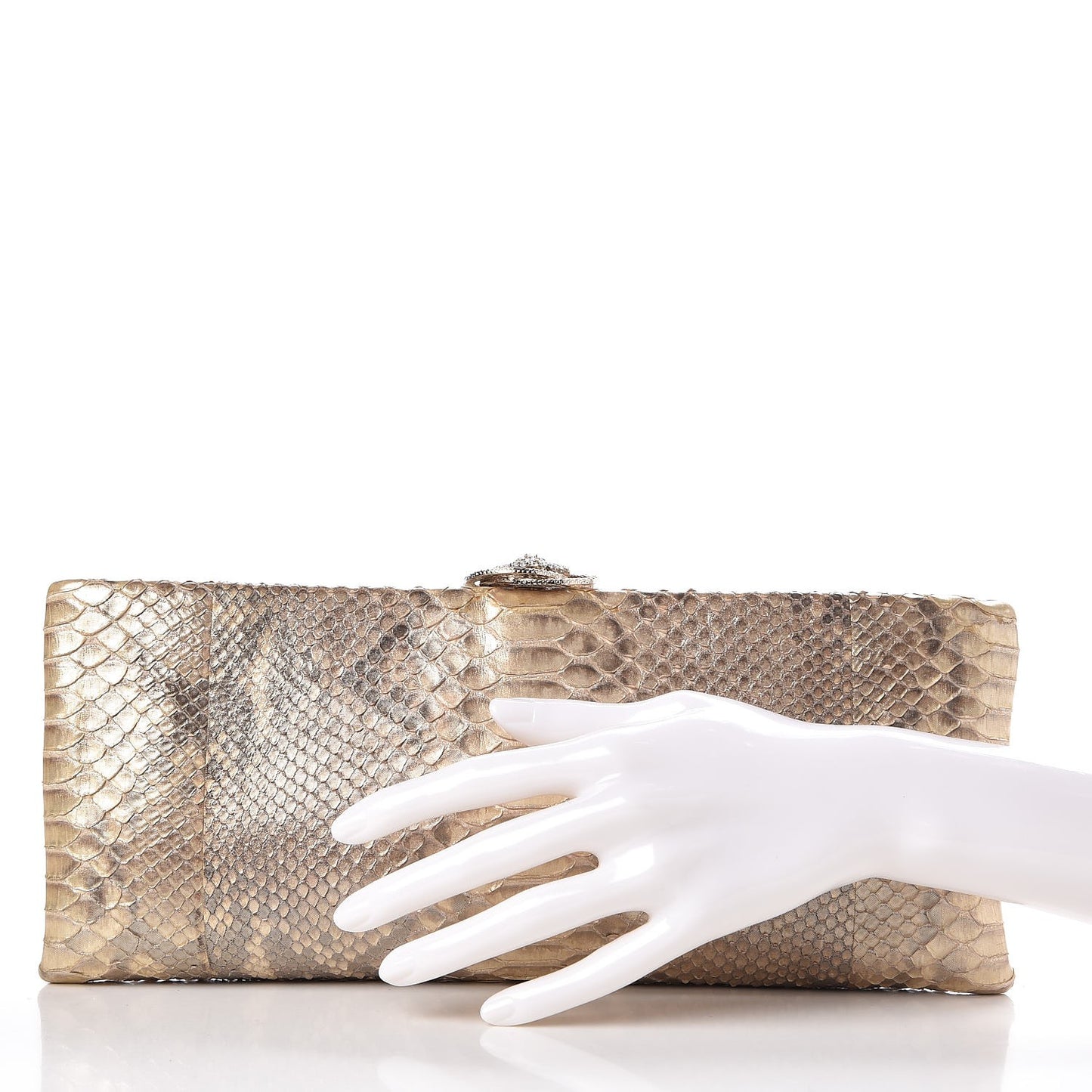 Metallic Python Crystal CC Clutch Gold