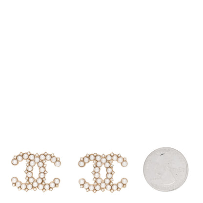 Chanel Pearl Crystal CC Stud Earrings Gold 2 of 4