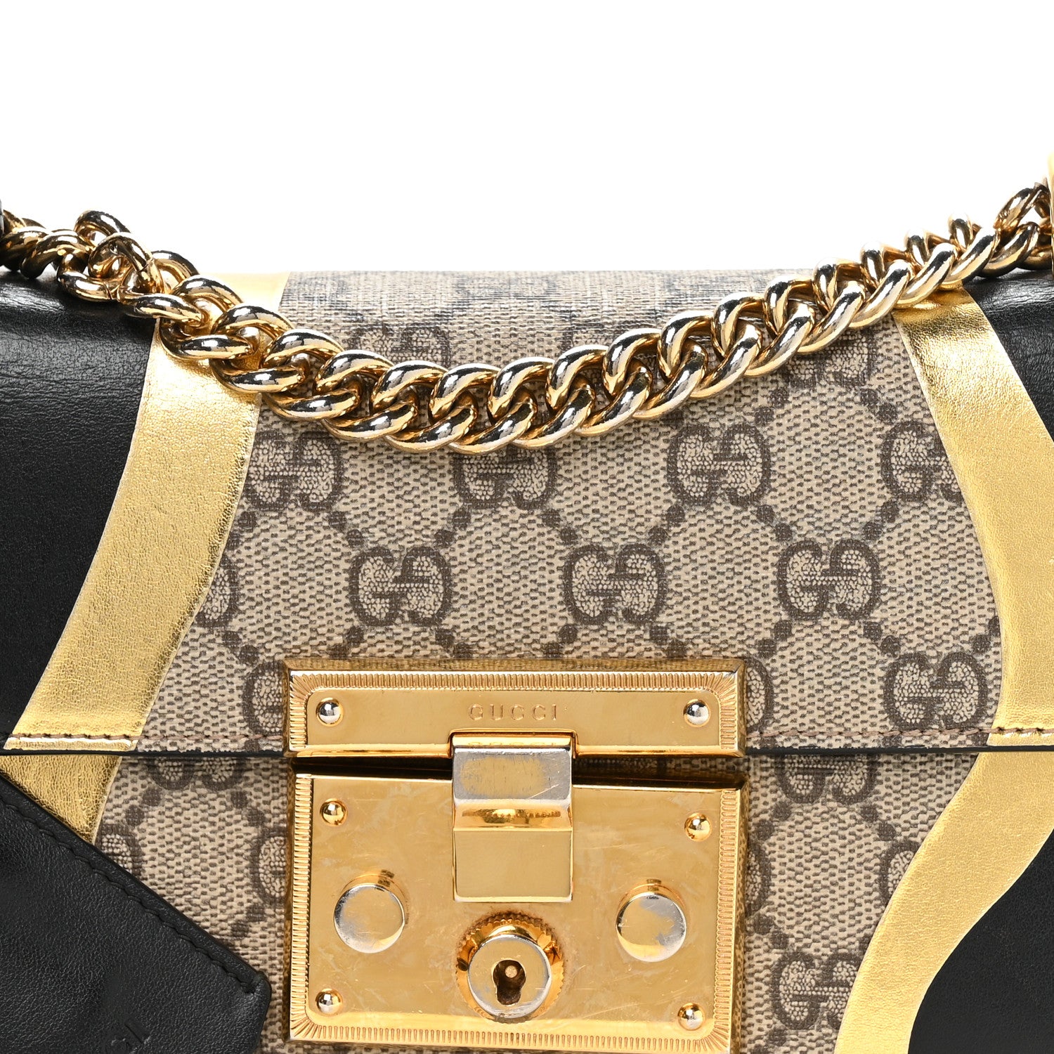 Gucci Calfskin GG Supreme Monogram Small Padlock Shoulder Bag Black Gold 8 of 11