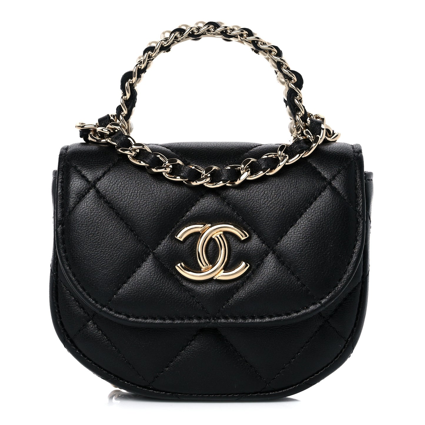 Lambskin Quilted Pearl Top Handle Clutch With Chain Black