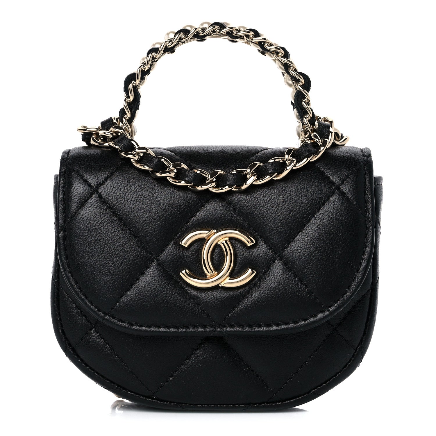 Chanel Lambskin Quilted Pearl Top Handle Clutch With Chain Black 1 of 11