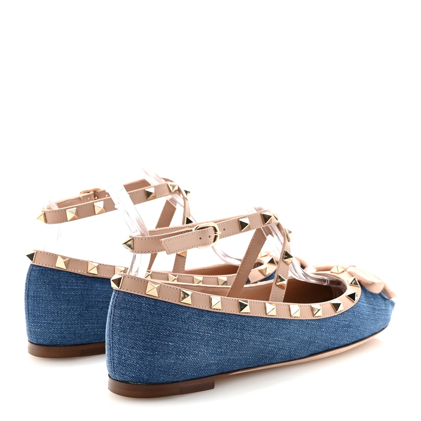 Denim Rockstud Bow Ankle Strap Ballerina Flats 37.5 Blue Rose Cannelle