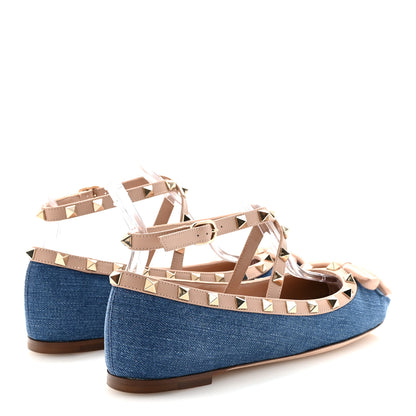 Valentino Garavani Denim Rockstud Bow Ankle Strap Ballerina Flats 37.5 Blue Rose Cannelle 5 of 10
