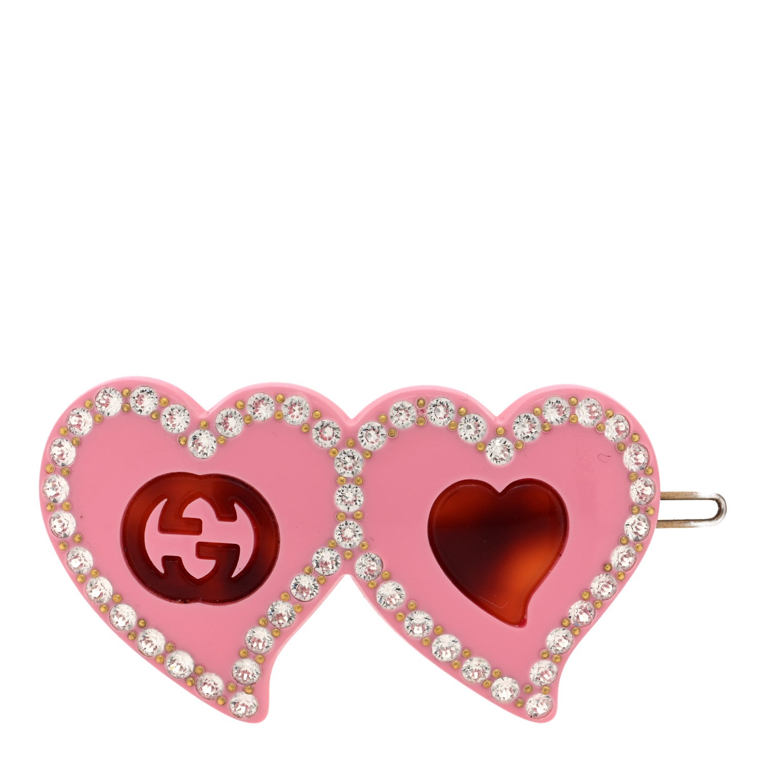 Gucci Resin Crystal Embellished GG Double Heart Hair Clip Pink 1 of 3