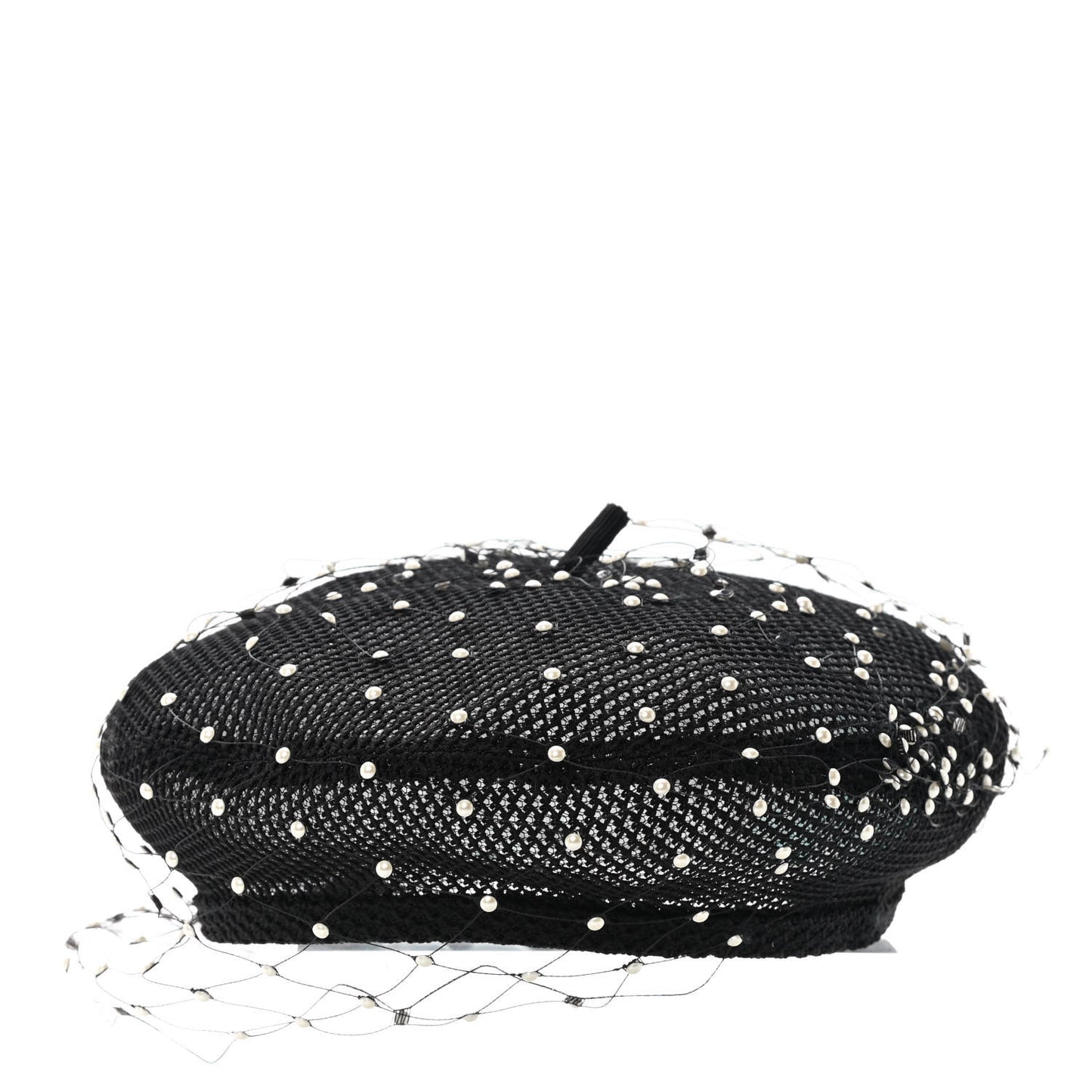 Polyester Nylon Pearl Beret with Veil Black
