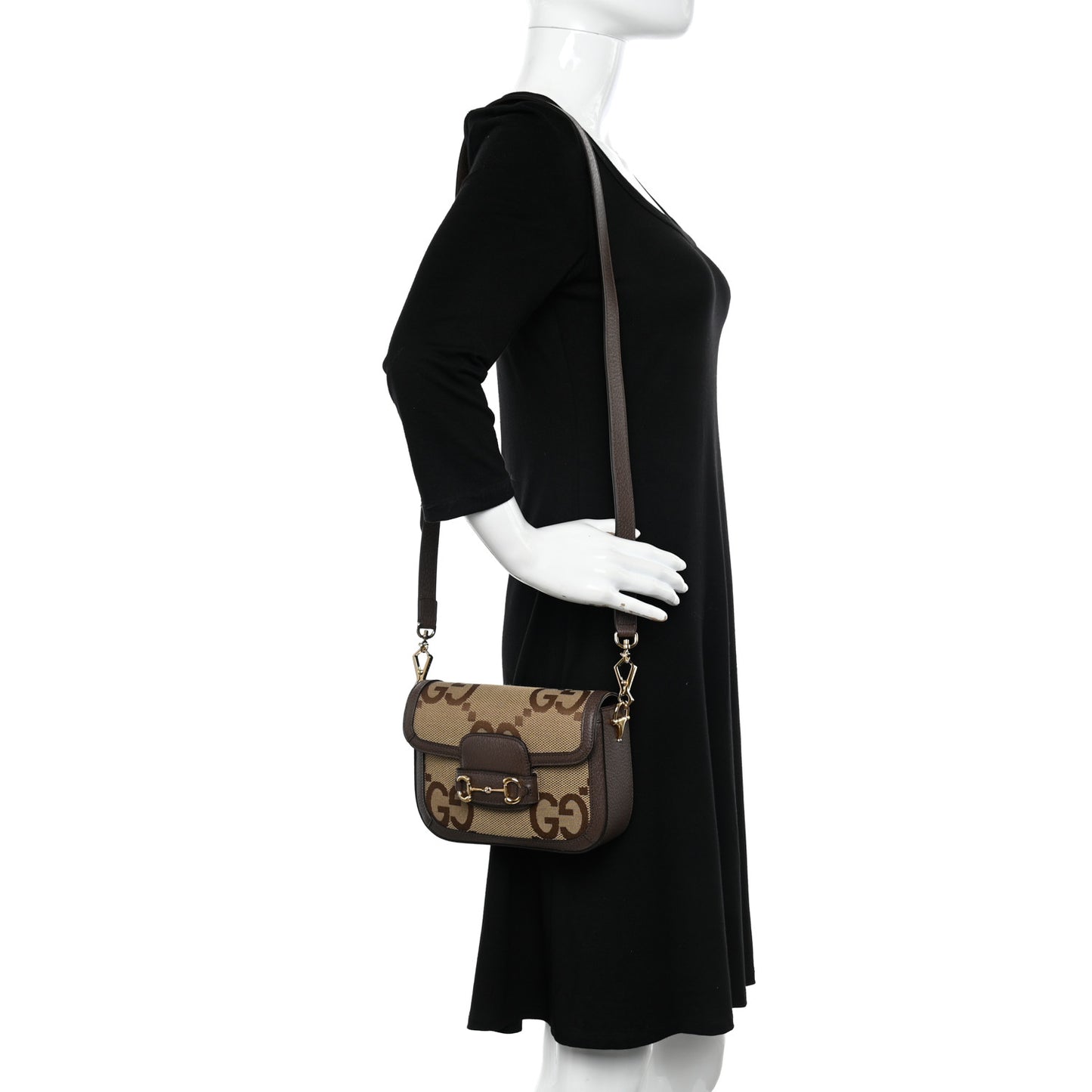 Monogram Jumbo GG Textured Dollar Calfskin Web Mini Horsebit 1955 Shoulder Bag Camel Ebony New Acero