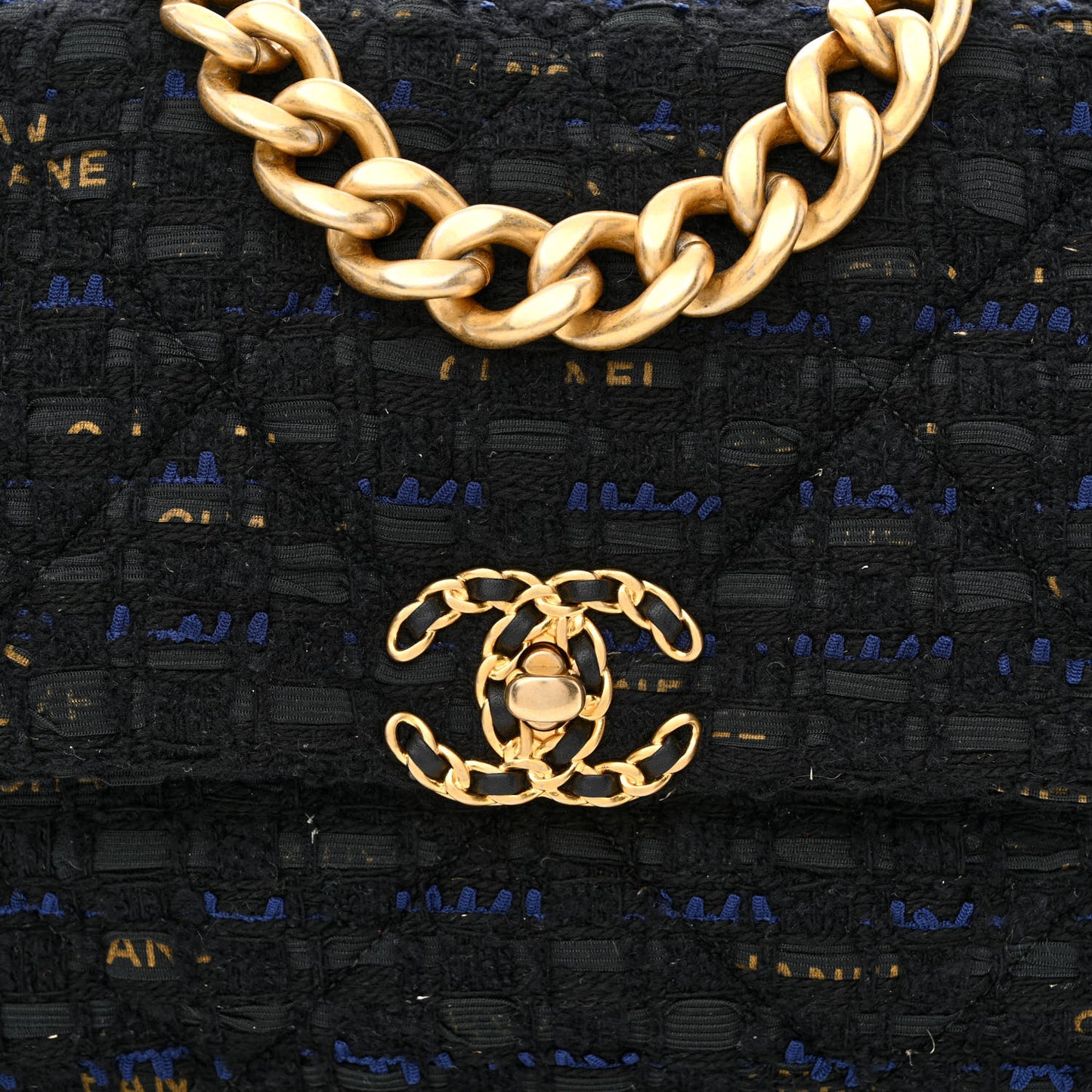 Tweed Quilted Large Chanel 19 Flap Black Navy Gold
