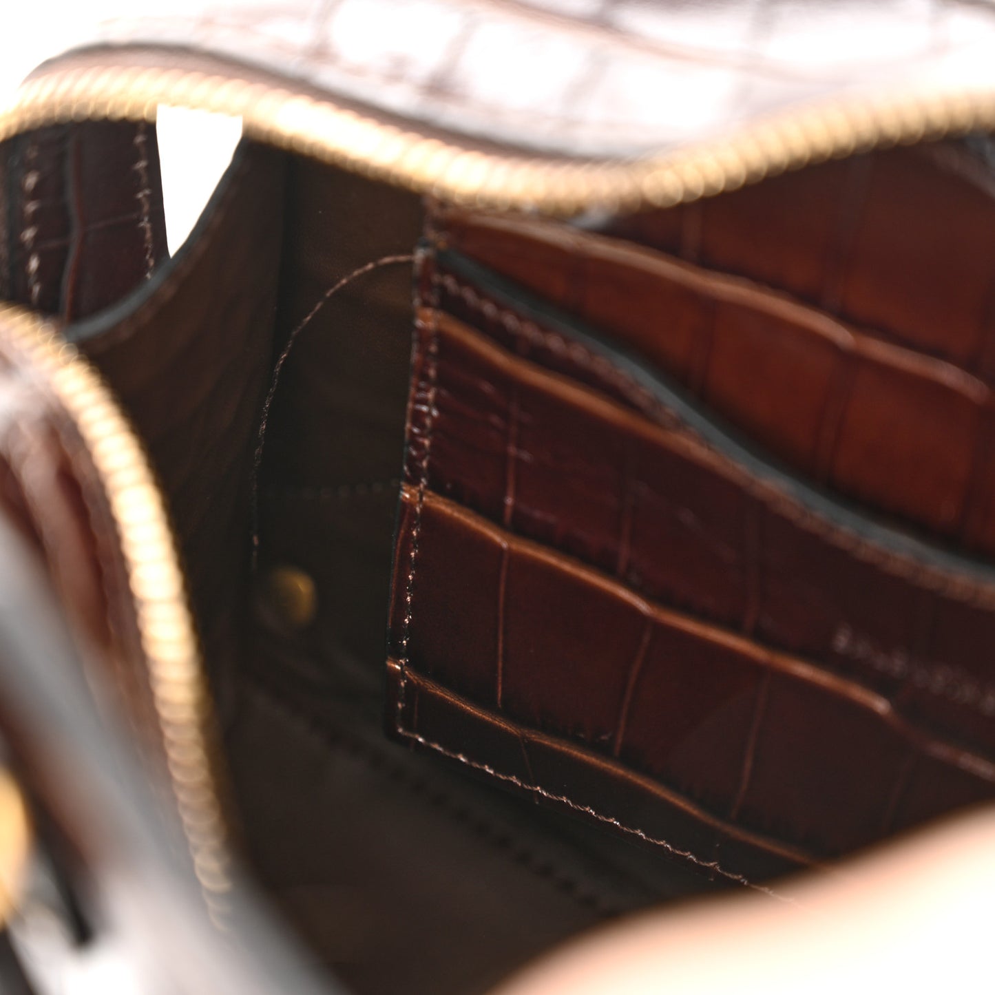 Semi Shiny Calfskin Crocodile Embossed Neo Classic Gold Hardware Mini City Dark Brown