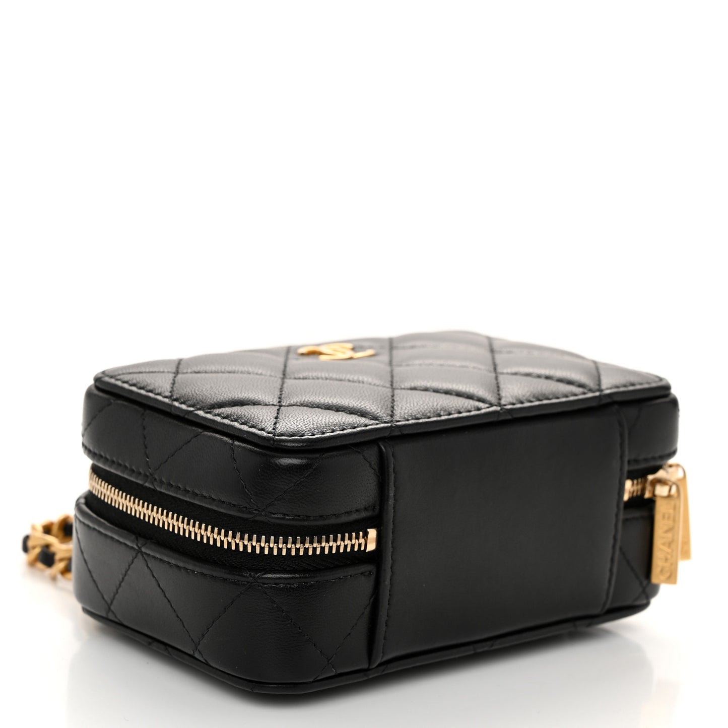 Lambskin Quilted Top Handle Mini Vanity Case Black