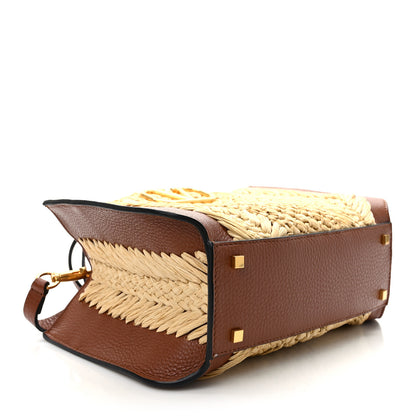 Valentino Garavani Raffia Calfskin Small Vlogo Signature Tote Natural Saddle Brown 4 of 9