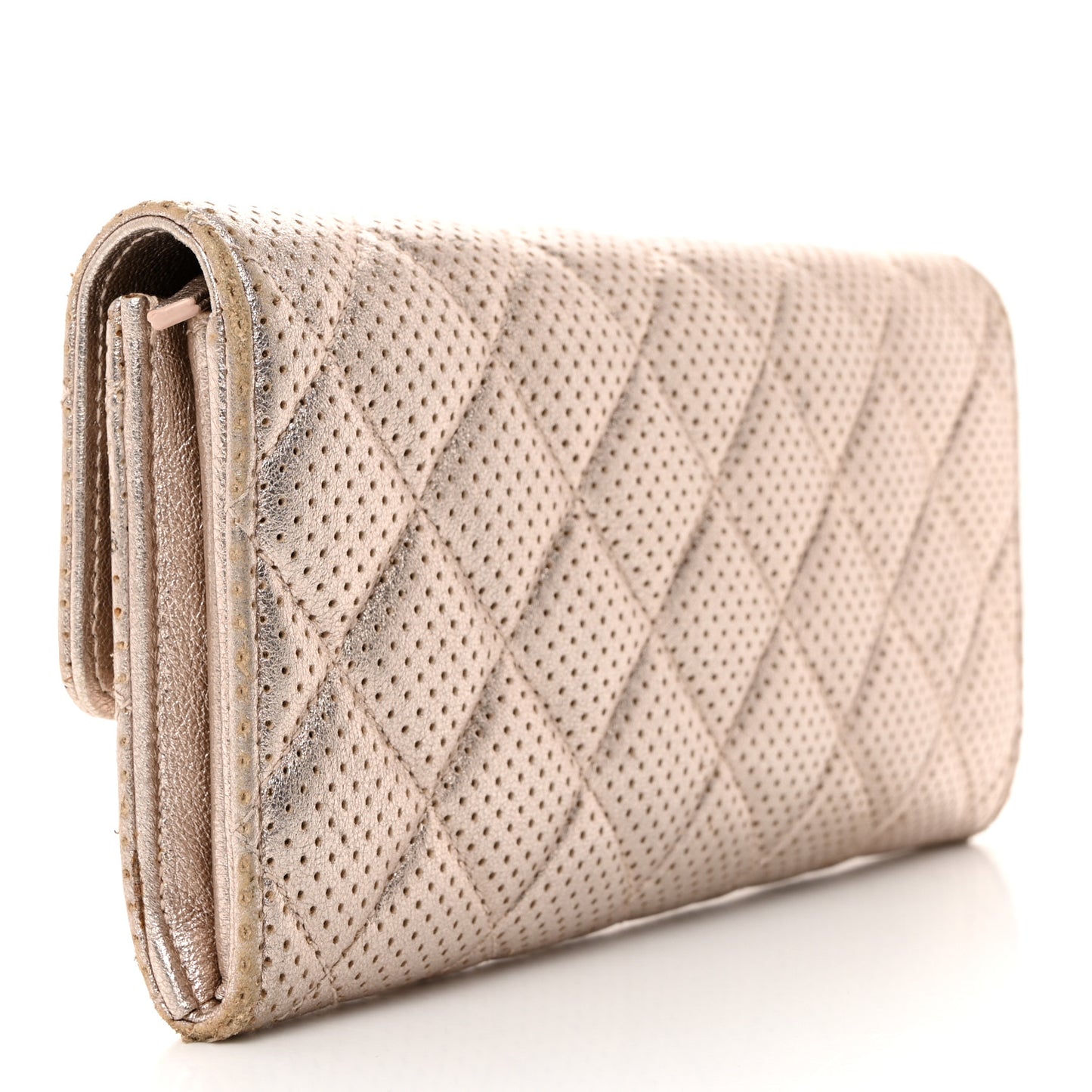 Metallic Perforated Lambskin Quilted Large Gusset Flap Wallet Light Pink