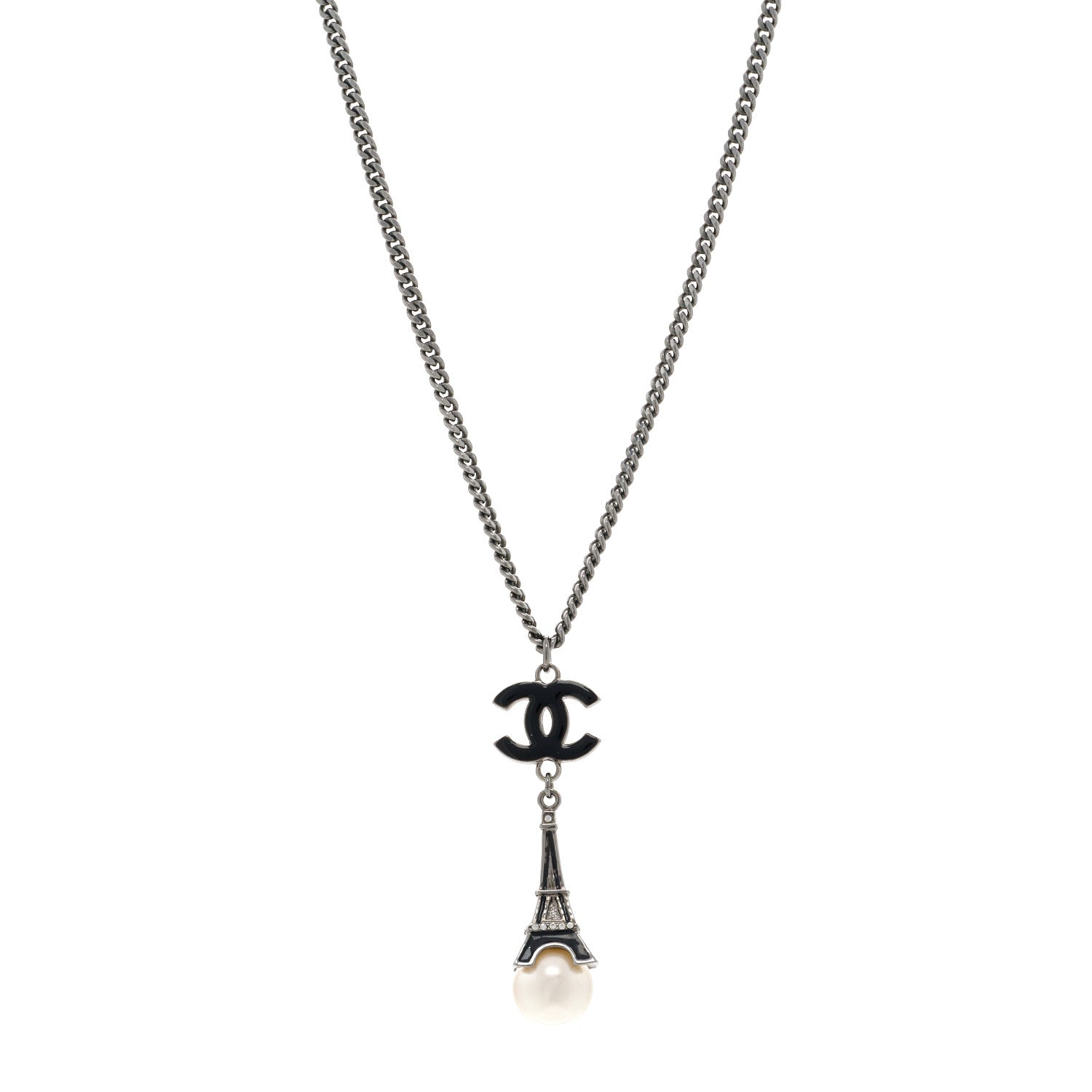 Chanel Ruthenium Enamel Pearl Eiffel Tower CC Drop Necklace Black White 1 of 7