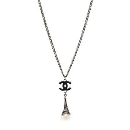 Chanel Ruthenium Enamel Pearl Eiffel Tower CC Drop Necklace Black White 1 of 7